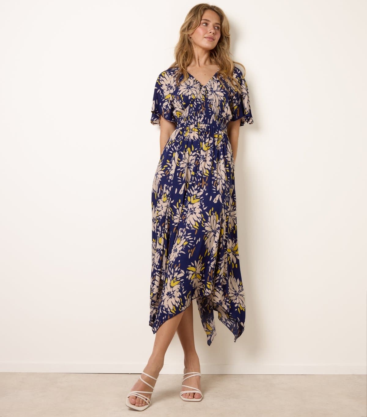 Blue Vanilla Women's Light Yellow Shirred Waist Handkerchief Hem Midi Dress Blue Vanilla New Look