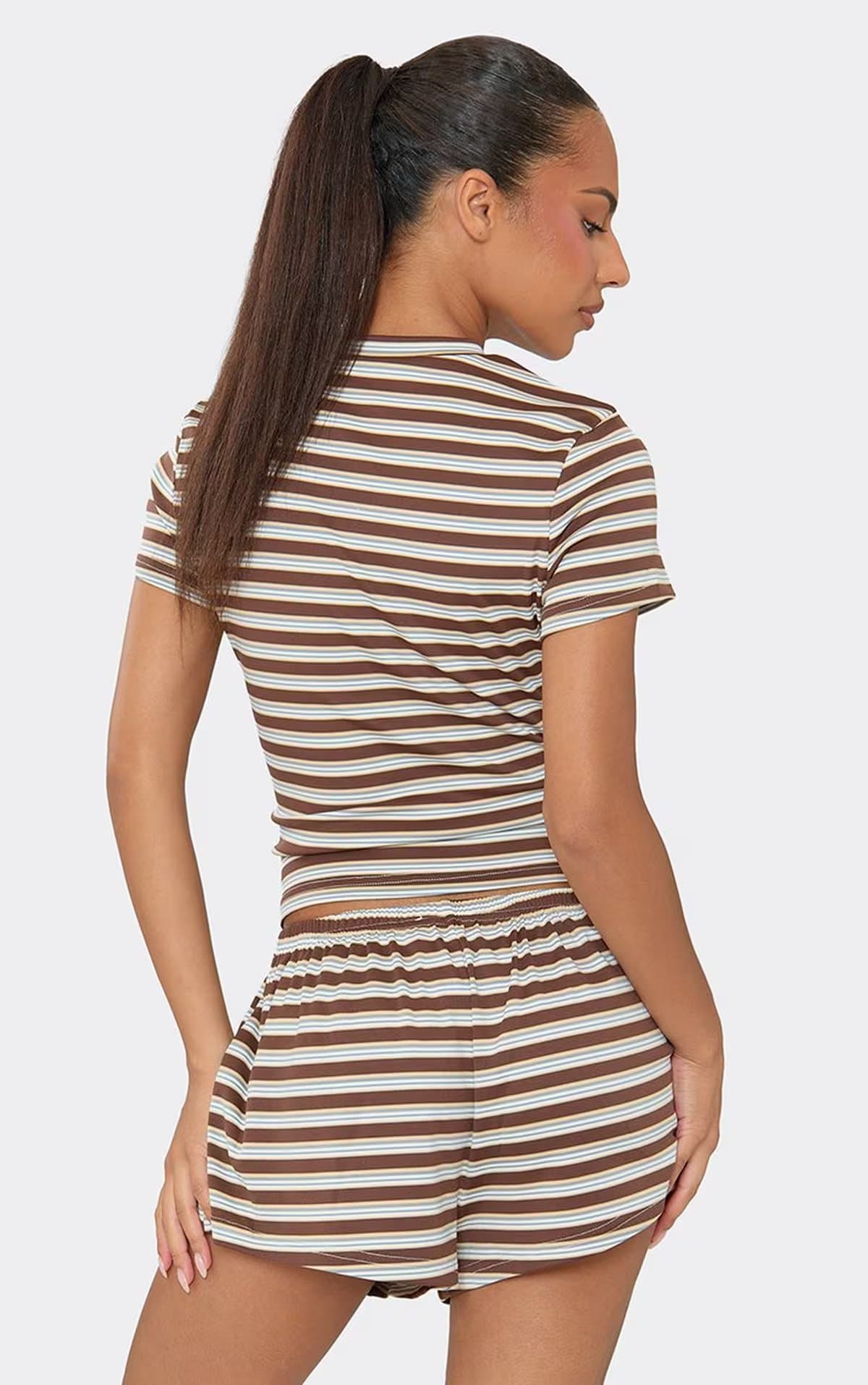 EGO Elasticated Waist Mini Shorts In Brown Stripe, Women's Size UK 6