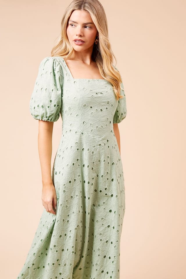 Dorothy Perkins Dorothy Perkins Women's DP Luxe Lace Puff Sleeve Midi Dress in Sage - 2