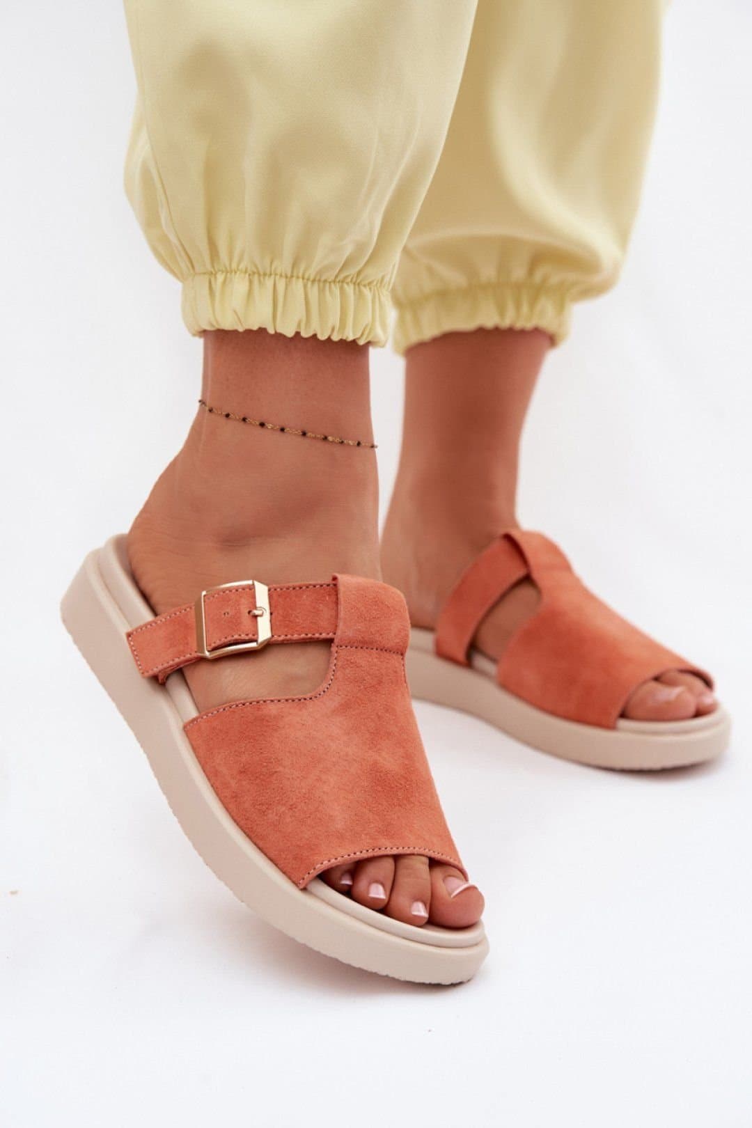 Love Lace Love Lace Women's Suede Platform Sandals with Gold Buckle Straps for Comfort in Orange