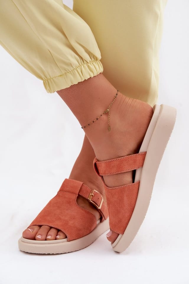 Love Lace Love Lace Women's Suede Platform Sandals with Gold Buckle Straps for Comfort in Orange - 3