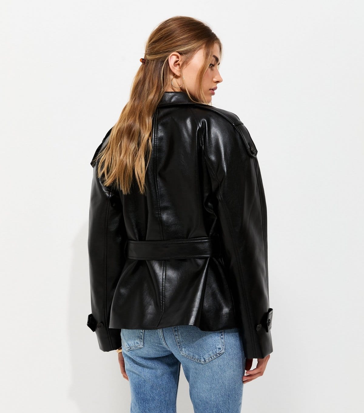 New Look Women's Black Faux Leather Funnel Neck Belted Jacket New Look - 4