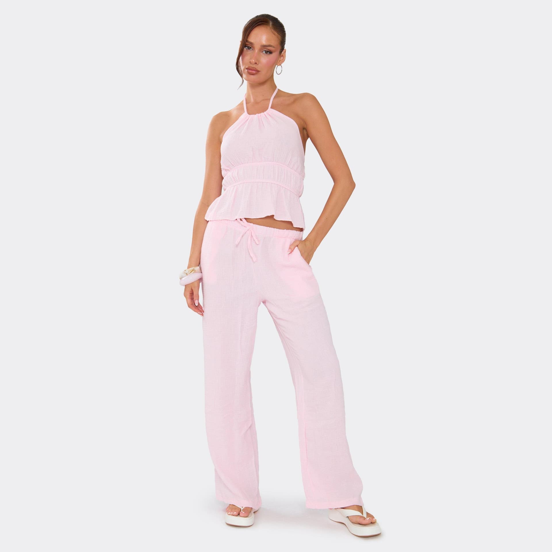 EGO Halterneck Ruched Top And Wide Leg Trouser Set In Pink, Women's Size UK L