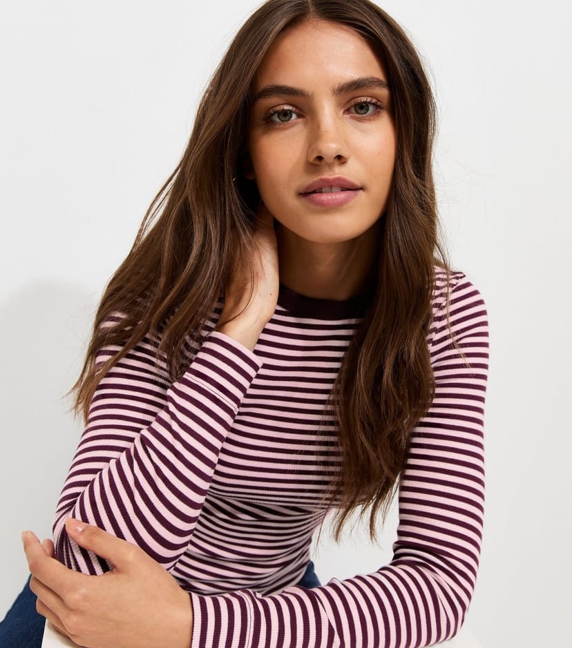 New Look Women's Burgundy Cotton Rich Rib Striped Long Sleeve Top New Look - 1