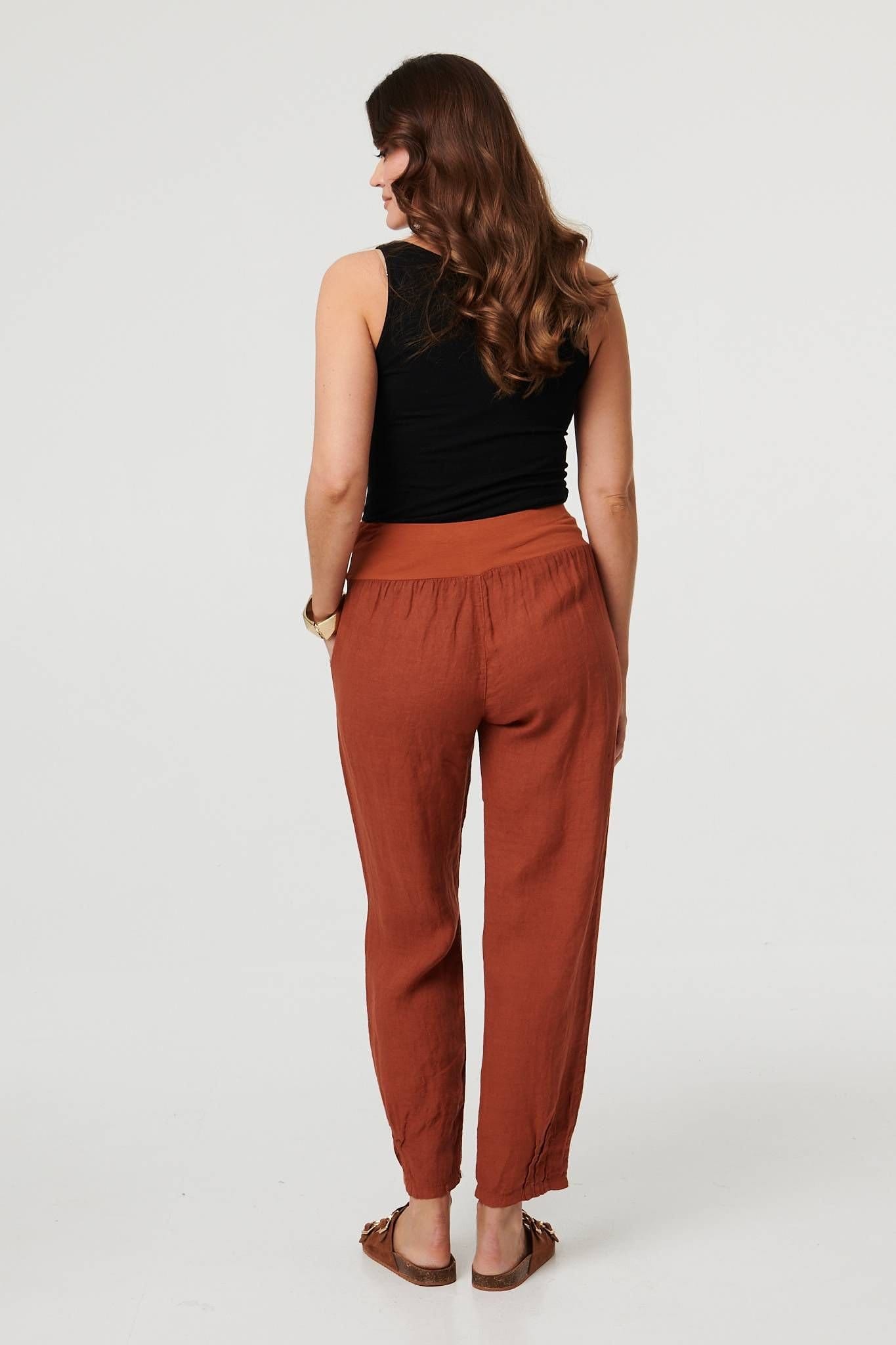 Izabel London Izabel London Women's Relaxed Linen Tapered Trousers in Terracotta - 4