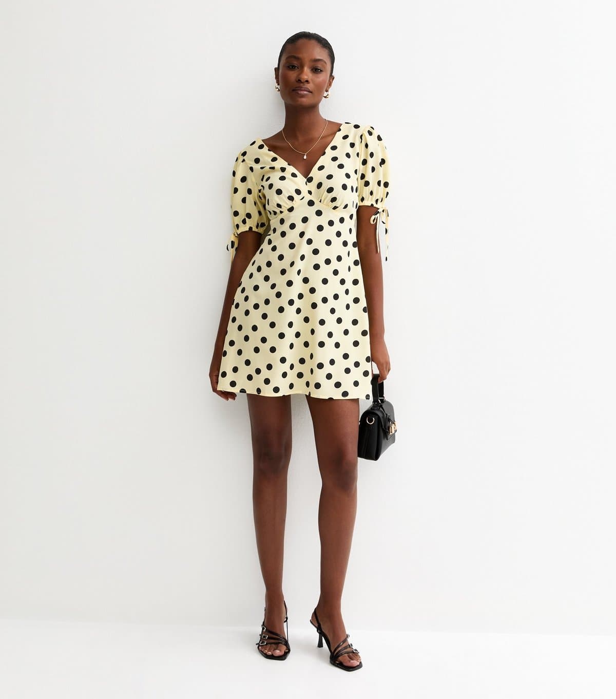 New Look Women's Yellow Crepe Polka Dot Tie Sleeve Mini Dress New Look
