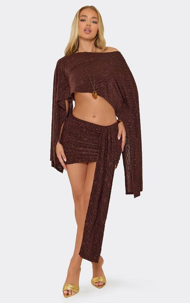 EGO Low Rise Tie Detail Mini Skirt In Chocolate Brown Devore, Women's Size UK 6 - 2