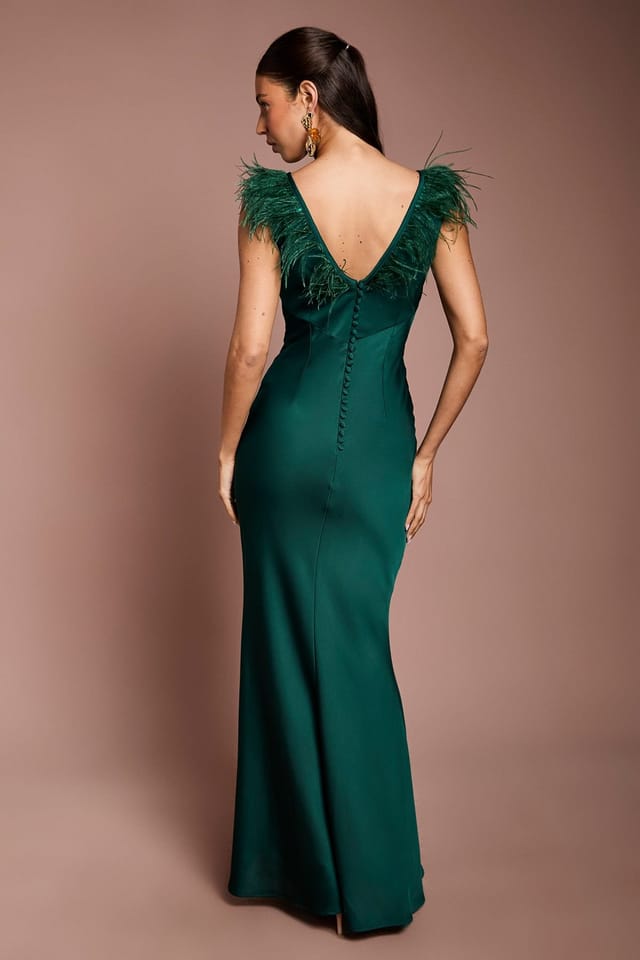 Coast Coast Women's Feather Shoulder Detail V Neck Satin Maxi Dress in Emerald - 3