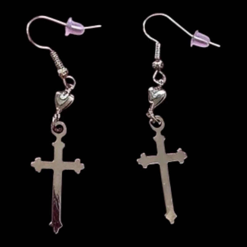 Alternative Brand new silver cross dangly earrings with mini hearts - 1