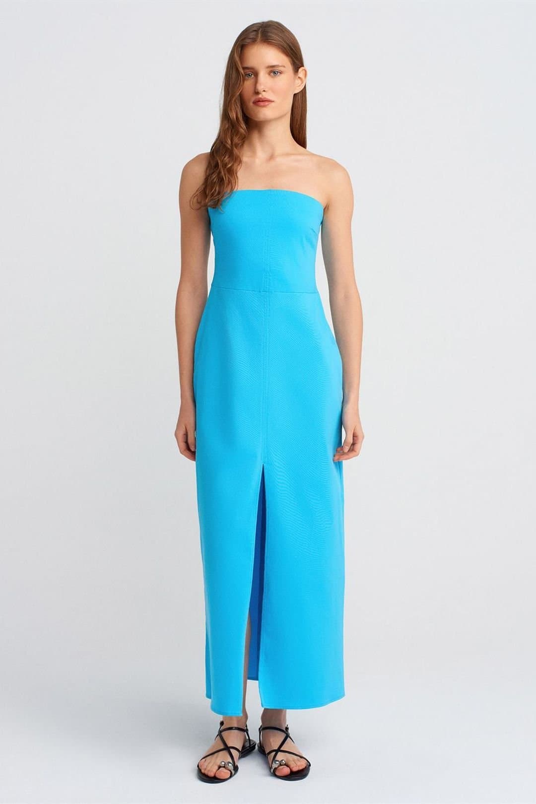 Dilvin Dilvin Women's Strapless Fitted Midi Dress With Slit in Turquoise