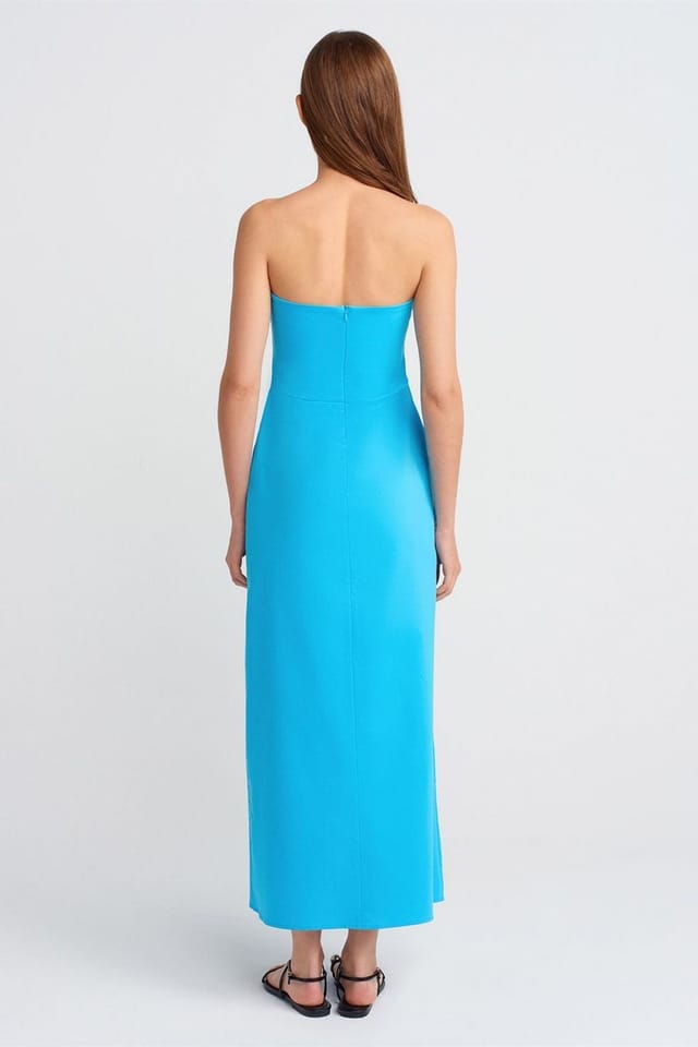 Dilvin Dilvin Women's Strapless Fitted Midi Dress With Slit in Turquoise - 2