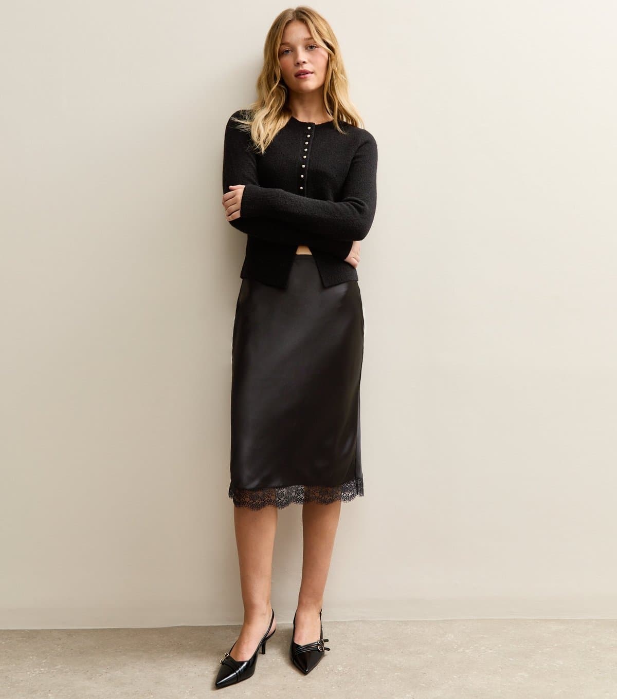 New Look Women's Black Satin Lace Trim Skirt New Look