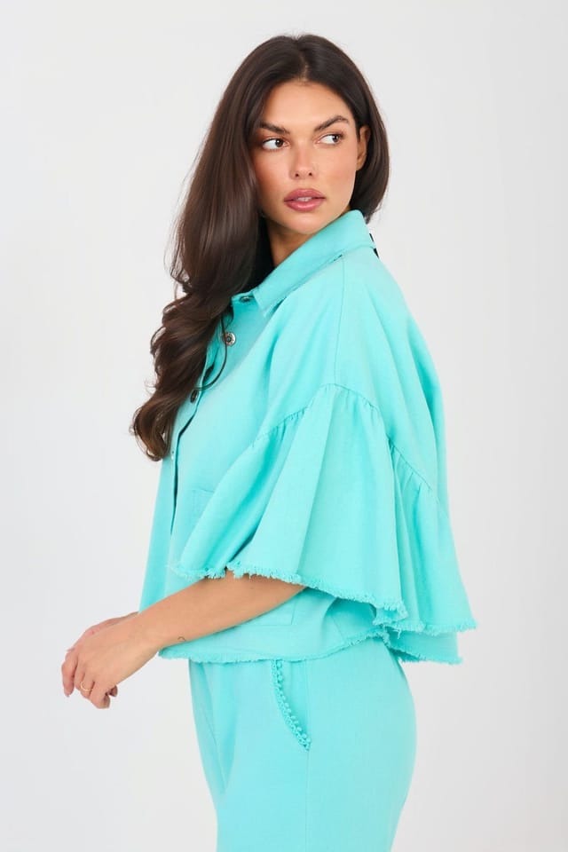 Love Lace Love Lace Women's Frayed Denim Jacket with 3/4 Sleeves in Aqua - 2