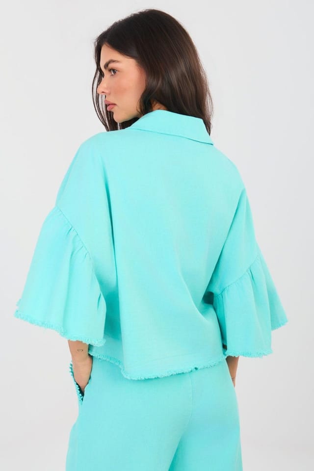 Love Lace Love Lace Women's Frayed Denim Jacket with 3/4 Sleeves in Aqua - 3