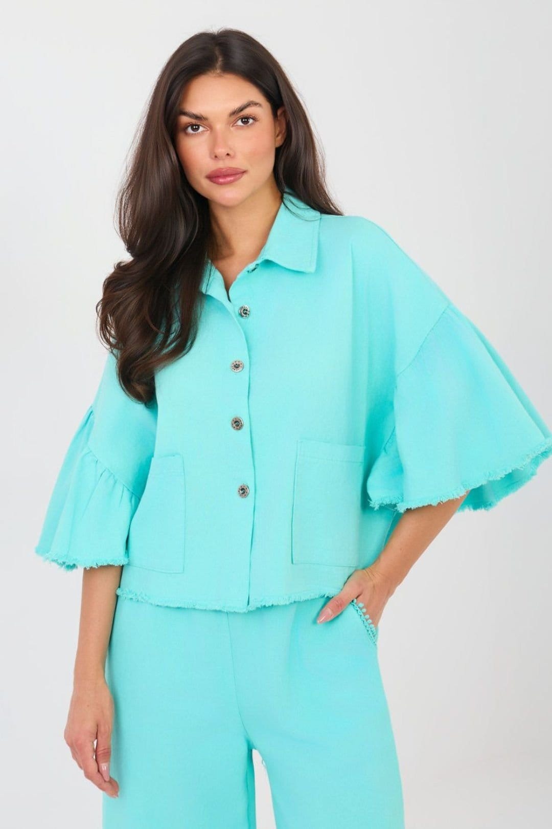 Love Lace Love Lace Women's Frayed Denim Jacket with 3/4 Sleeves in Aqua - 4