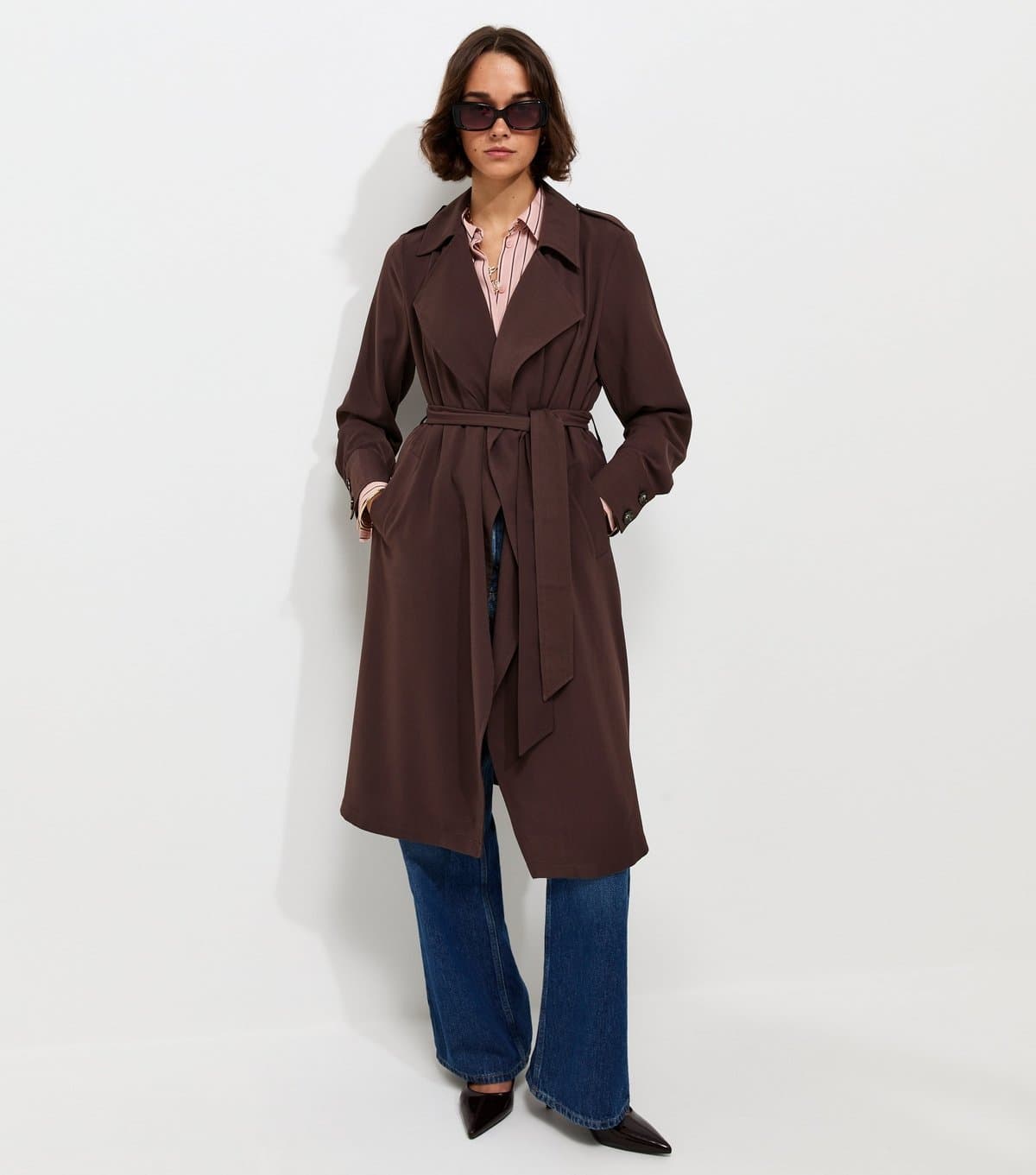 New Look Women's Dark Brown Waterfall Front Draped Mid-Length Coat New Look