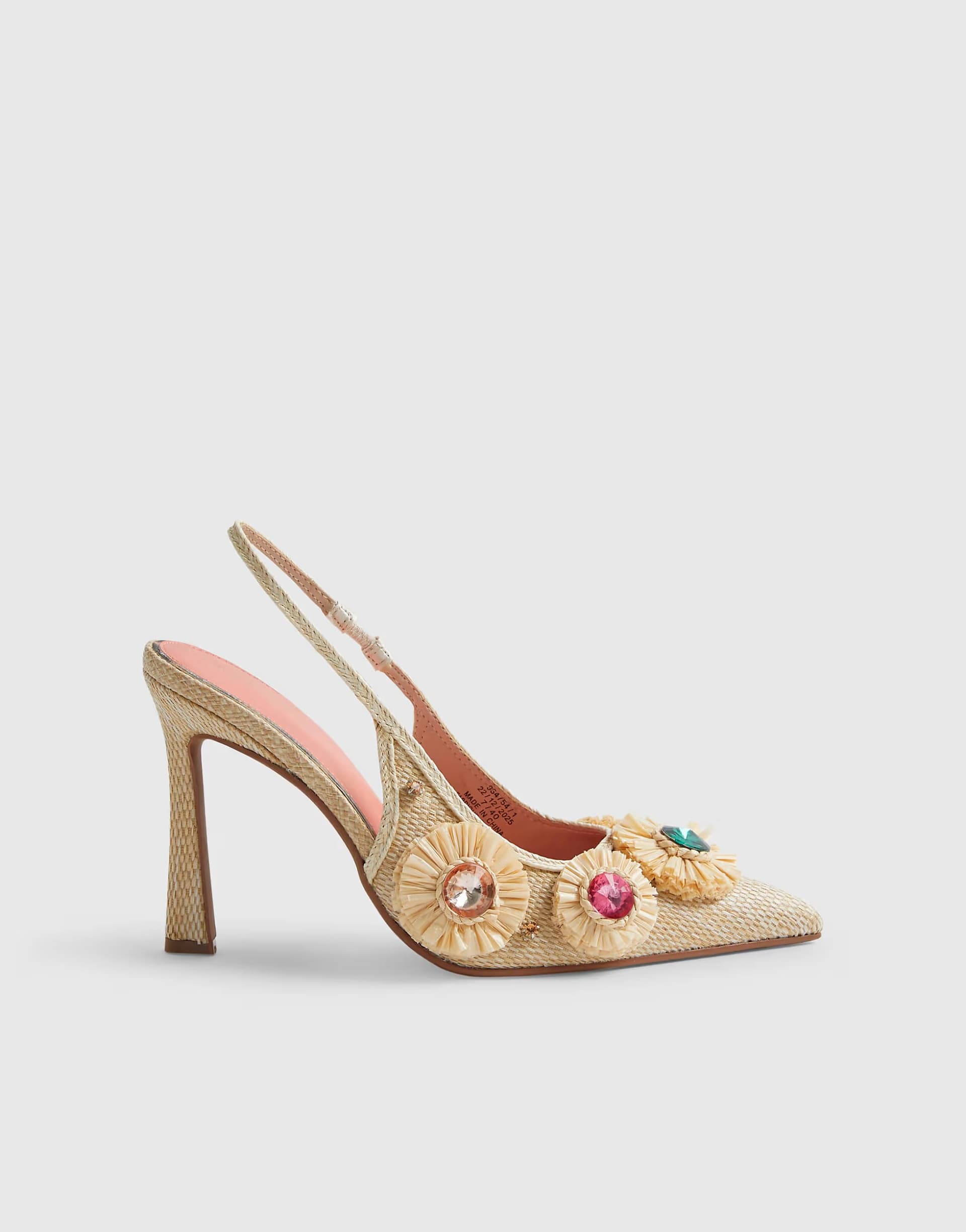 ASOS River Island Embellished raffia flower court heels in beige