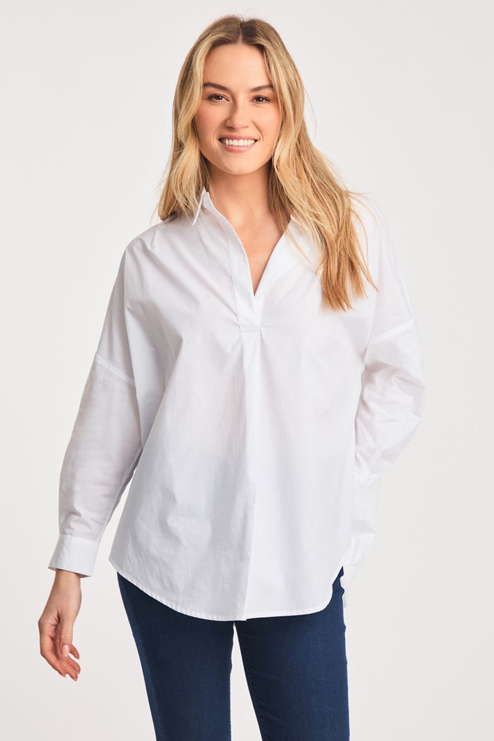 French Connection French Connection Women's Cotton Long Sleeve Poplin Popover High-Low Hem Shirt in White - 1