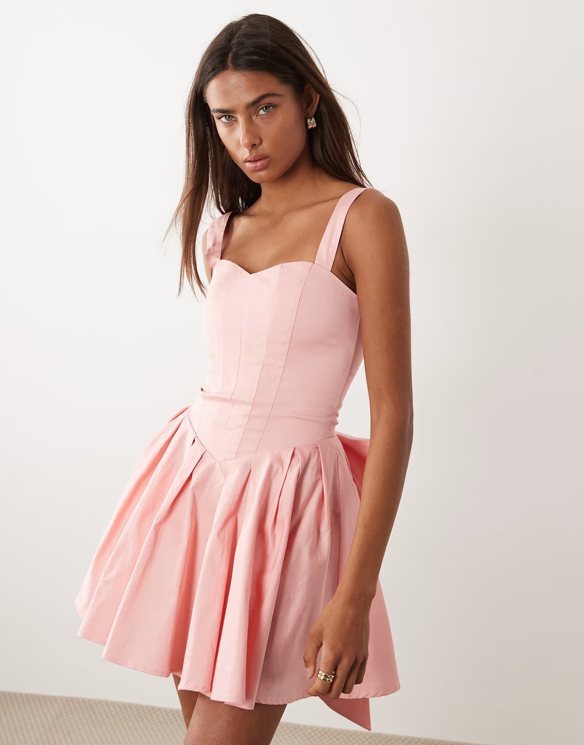 ASOS TFNC corset pleated mini dress with bow back in pink