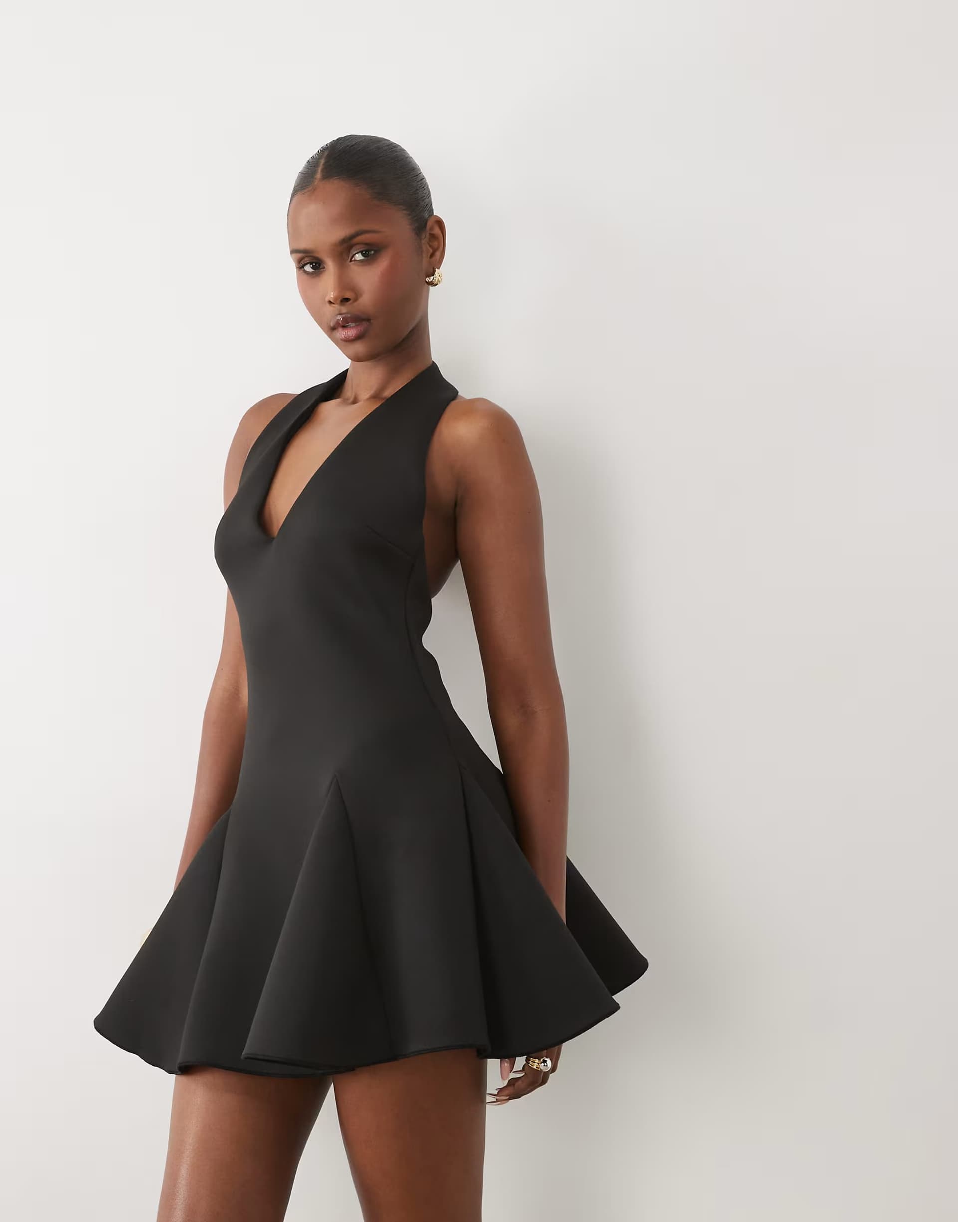 ASOS ASOS DESIGN plunge neck structured full skirt mini dress in black scuba-style fabric
