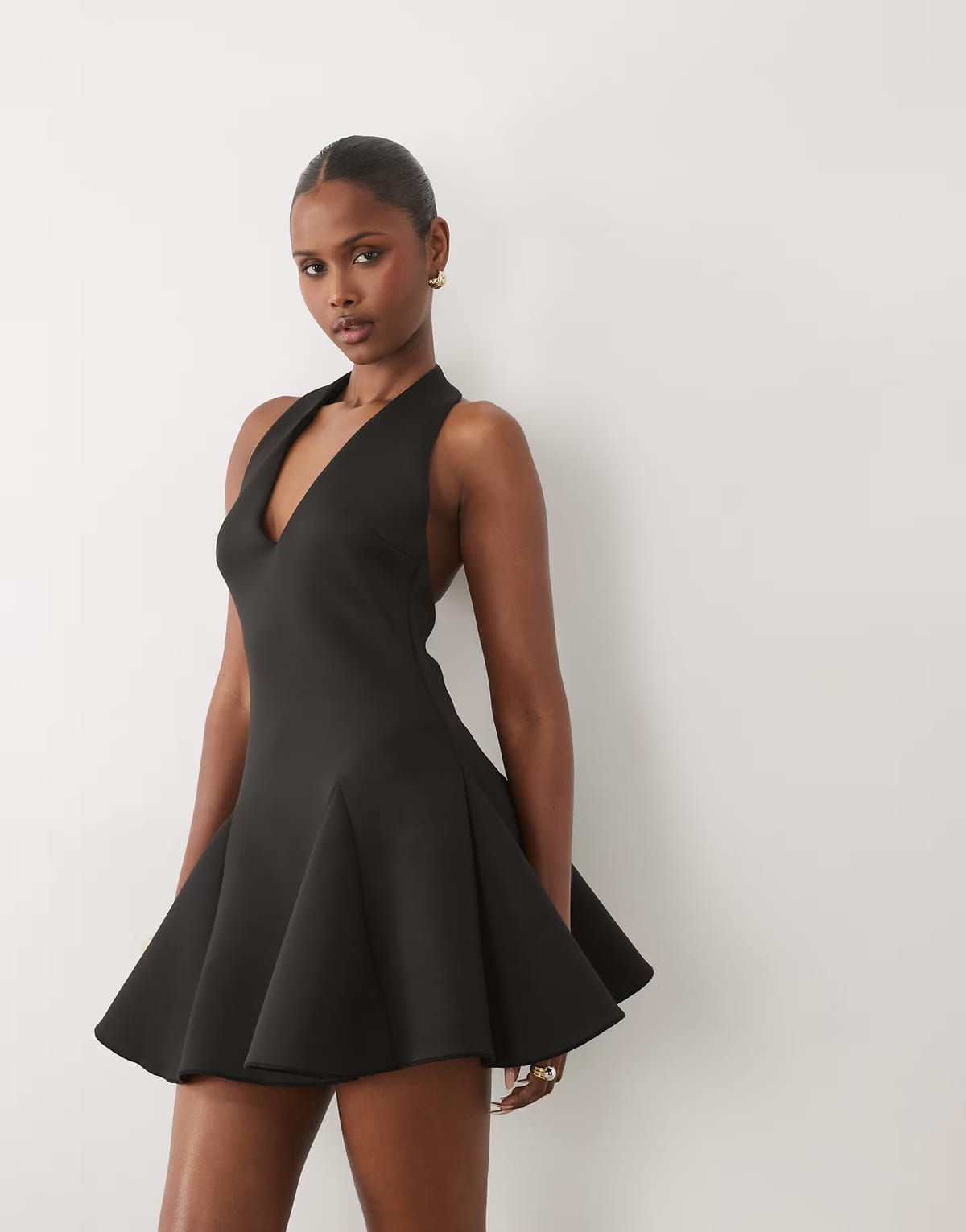 ASOS ASOS DESIGN plunge neck structured full skirt mini dress in black scuba-style fabric - 1