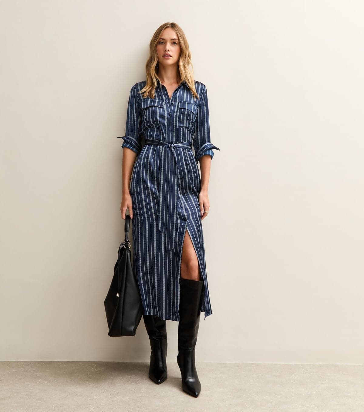 New Look Women's Blue Satin Striped Midi Shirt Dress New Look