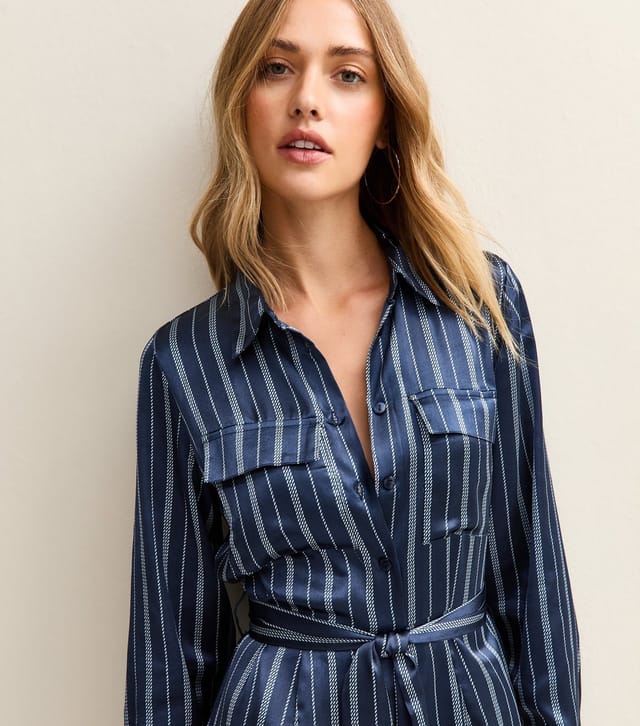 New Look Women's Blue Satin Striped Midi Shirt Dress New Look - 2
