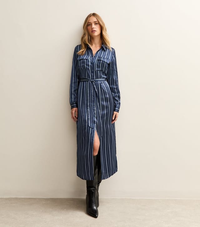 New Look Women's Blue Satin Striped Midi Shirt Dress New Look - 3