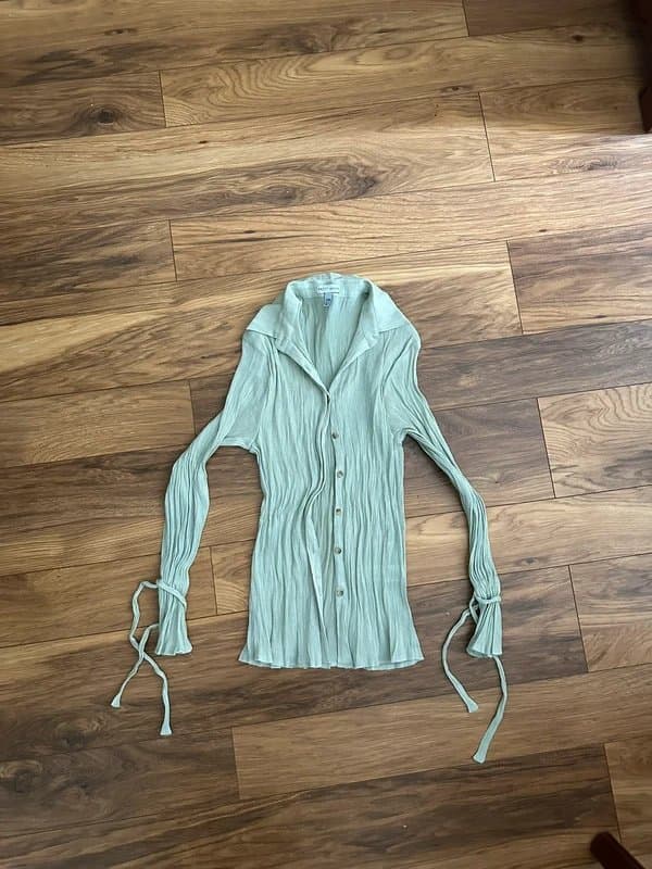Pretty Lavish Pretty Lavish Mint Green Crinkle Fabric Loose Wide Tie Sleeve Button Up Cottagecore Floaty Shirt