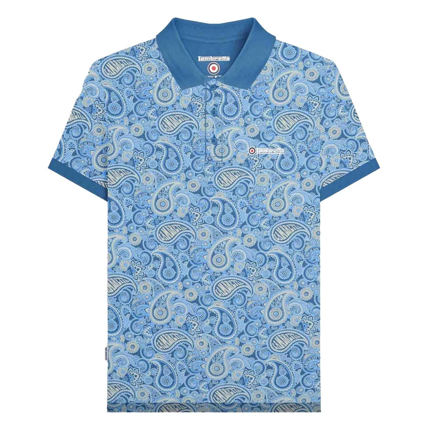 Lambretta Lambretta Men's SS25 Paisley Branded Polo Shirt in Duck Egg Blue