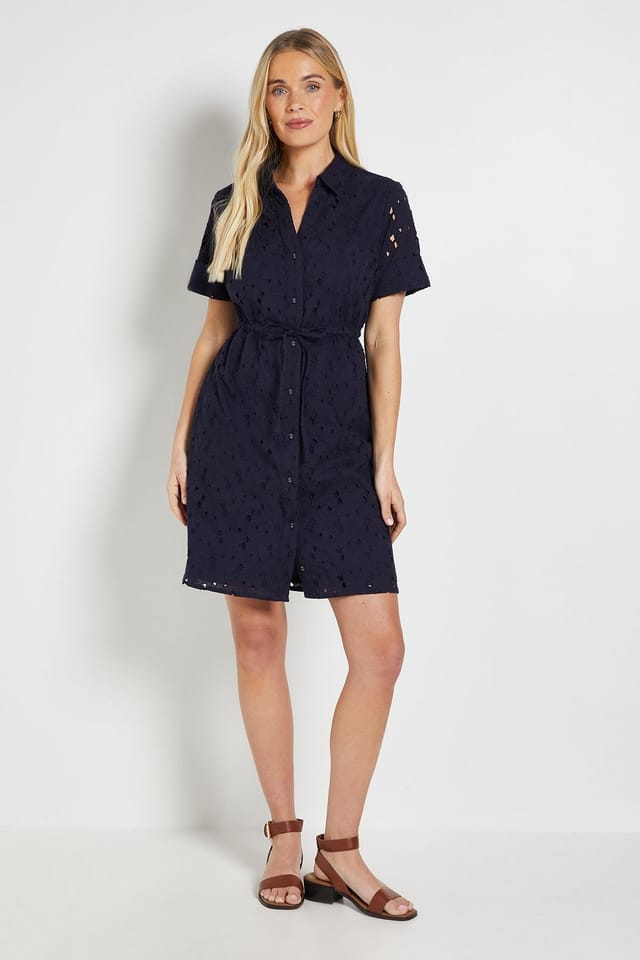 Wallis Wallis Women's Petite Broderie Drawstring Shift Dress in Navy - 2
