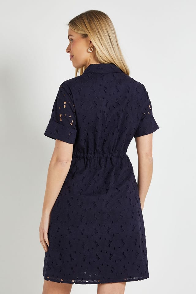 Wallis Wallis Women's Petite Broderie Drawstring Shift Dress in Navy - 3