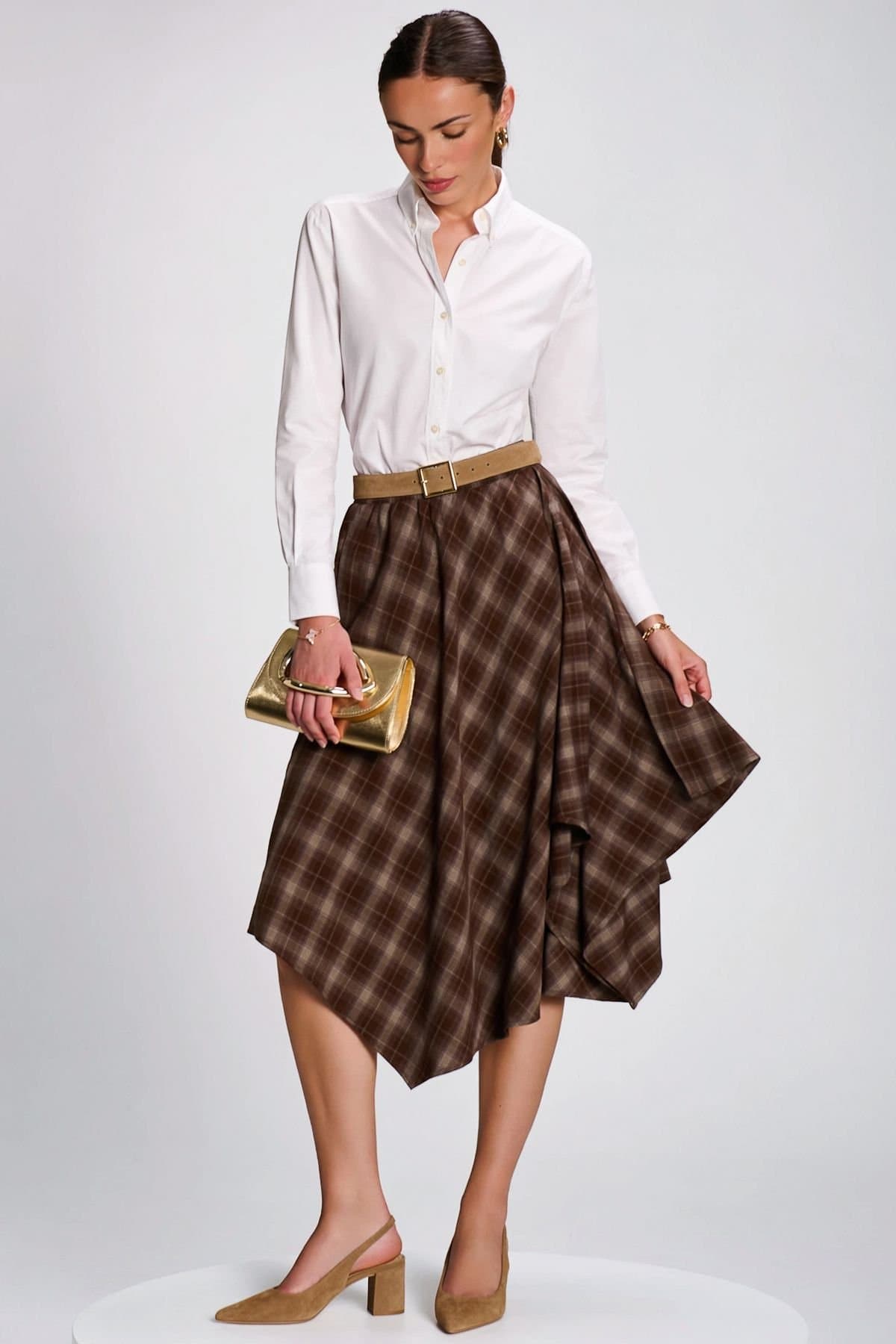 Jolie Moi Jolie Moi Women's Check Asymmetric Woven Midi Skirt in Dark Brown