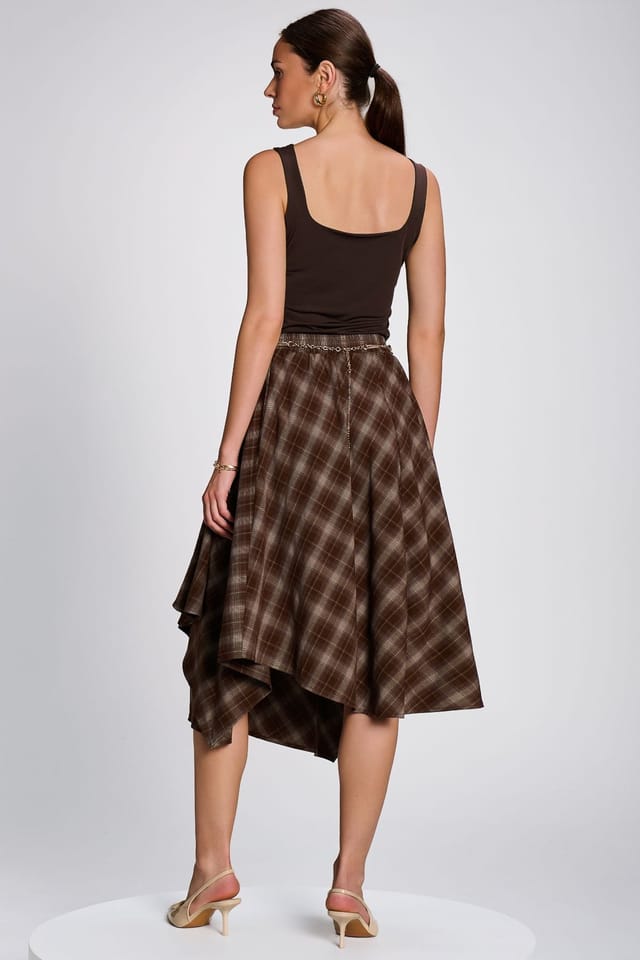 Jolie Moi Jolie Moi Women's Check Asymmetric Woven Midi Skirt in Dark Brown - 2