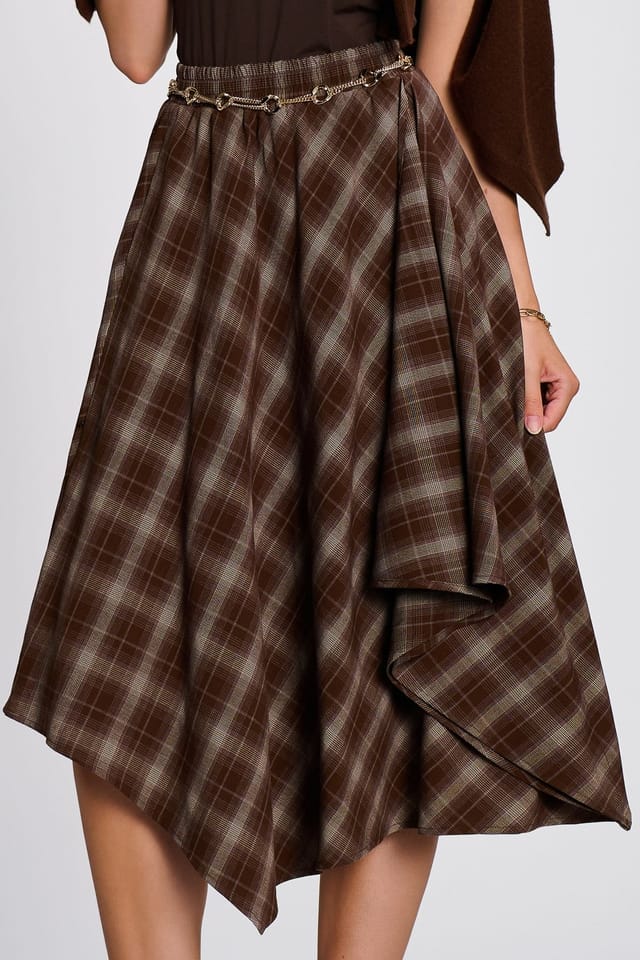 Jolie Moi Jolie Moi Women's Check Asymmetric Woven Midi Skirt in Dark Brown - 3