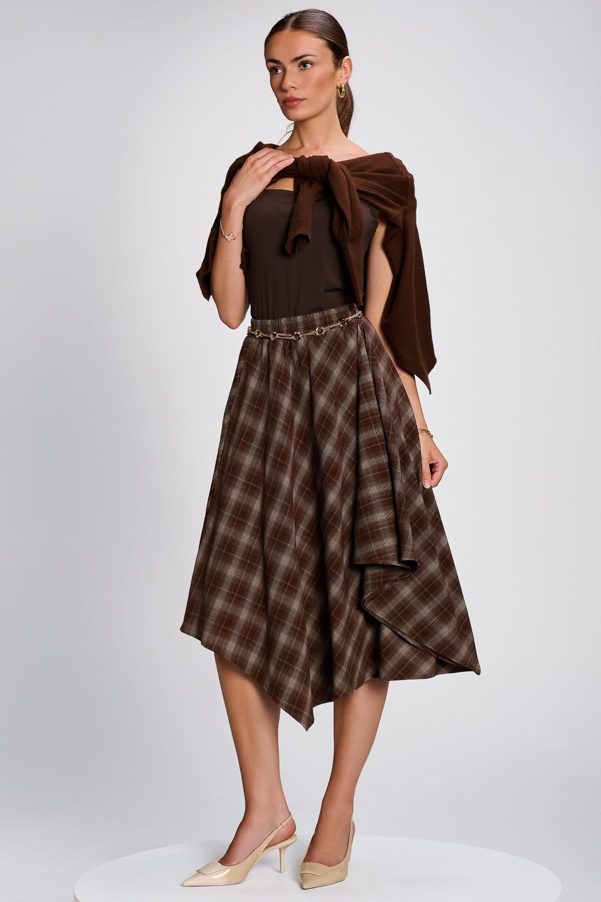 Jolie Moi Jolie Moi Women's Check Asymmetric Woven Midi Skirt in Dark Brown - 4