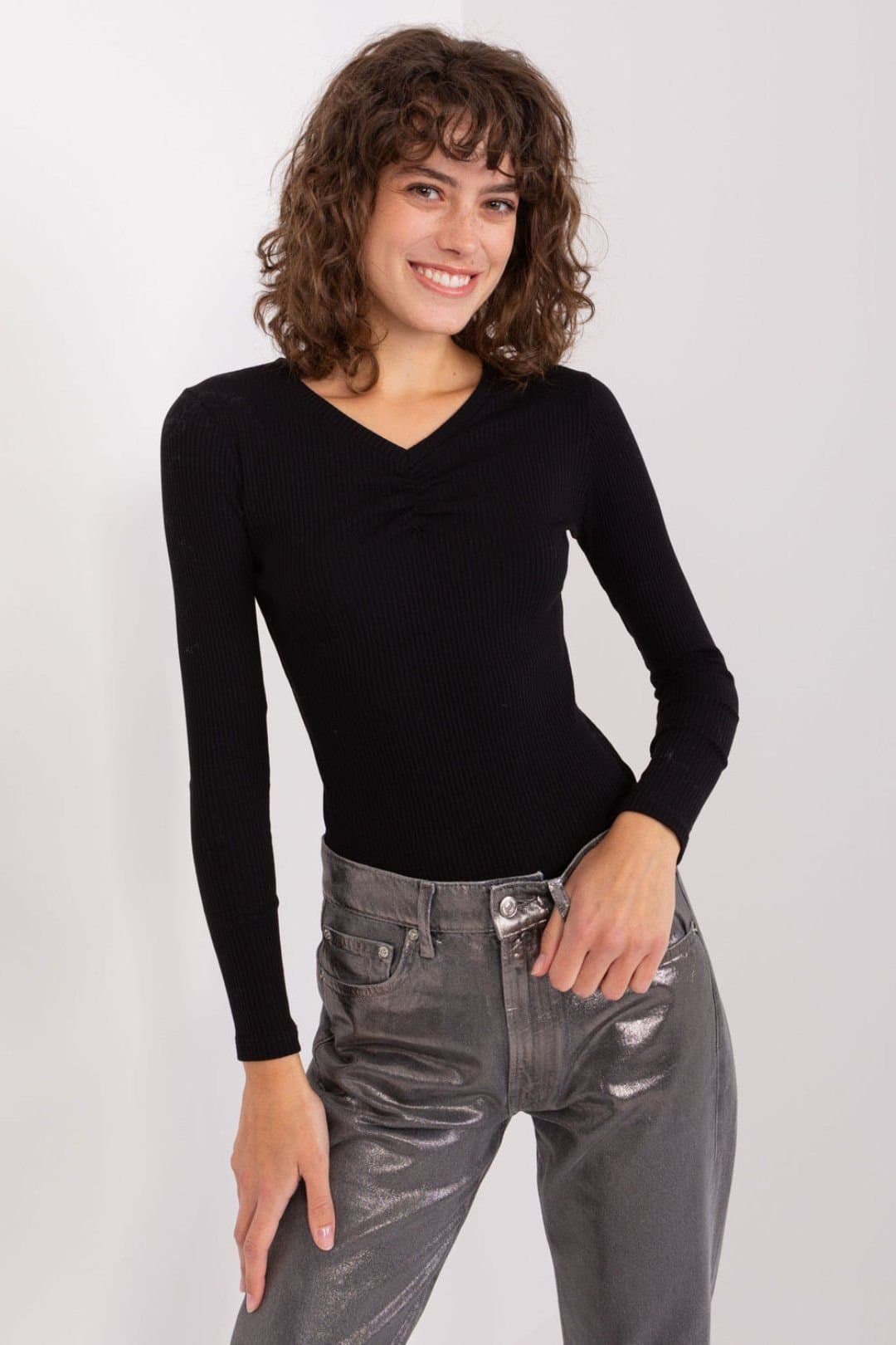 Love Lace Love Lace Women's Cotton Plain Heart Neck Long Sleeve Blouse in Black