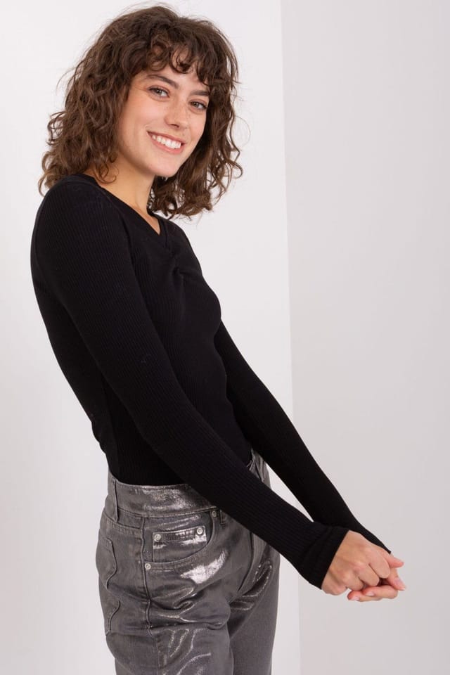 Love Lace Love Lace Women's Cotton Plain Heart Neck Long Sleeve Blouse in Black - 3