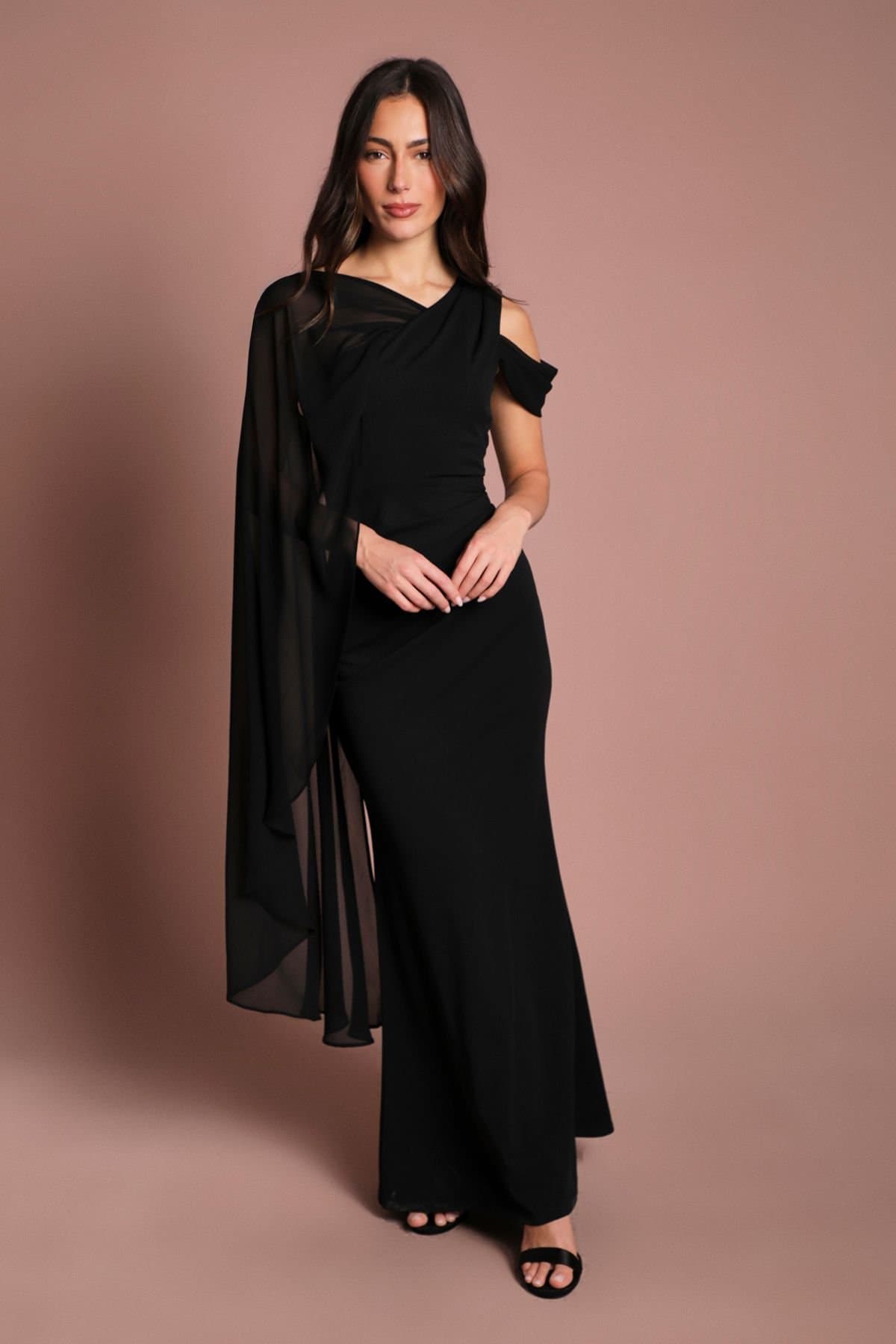 Coast Coast Women's One Shoulder Chiffon Cape Crepe Maxi Dress in Black