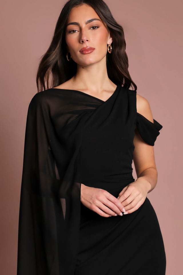 Coast Coast Women's One Shoulder Chiffon Cape Crepe Maxi Dress in Black - 2