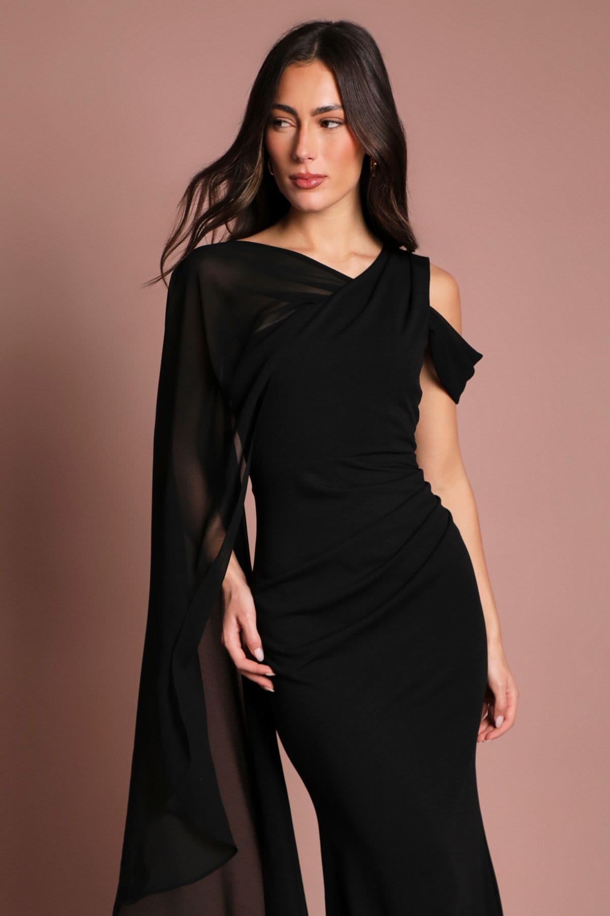 Coast Coast Women's One Shoulder Chiffon Cape Crepe Maxi Dress in Black - 4