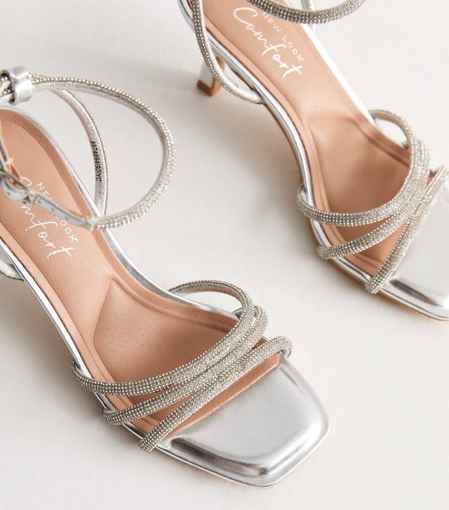 New Look Women's Silver Diamanté-Embellished Stiletto Sandals Vegan New Look - 3