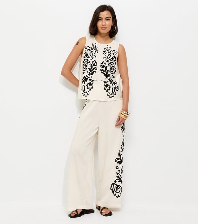 New Look Women's Cream and Black Floral Side Wide Leg Trousers New Look - 2