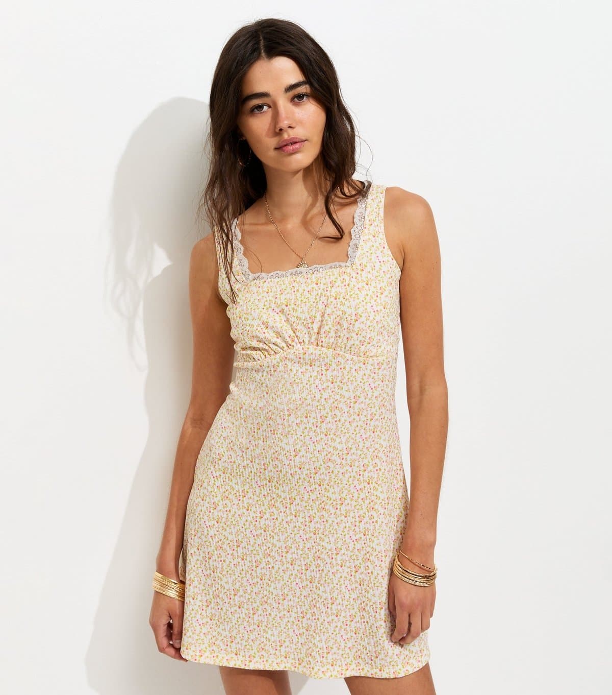 New Look Women's Cream Floral Print Lace Trim Square Neck Mini Dress New Look