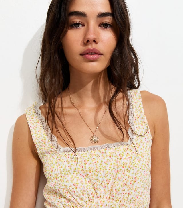 New Look Women's Cream Floral Print Lace Trim Square Neck Mini Dress New Look - 2
