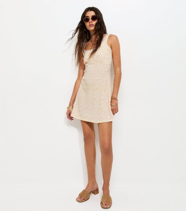 New Look Women's Cream Floral Print Lace Trim Square Neck Mini Dress New Look - 3