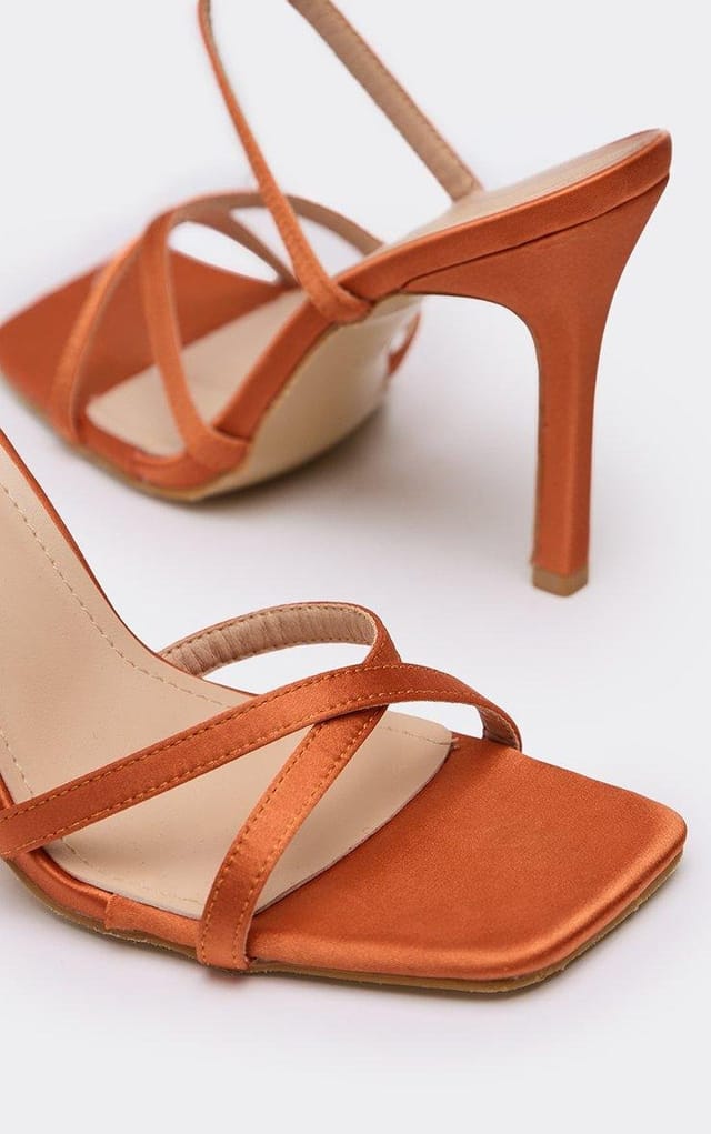 EGO Oasis Strappy Square Toe Stiletto Heel In Orange Satin, Women's Size UK 3 - 2