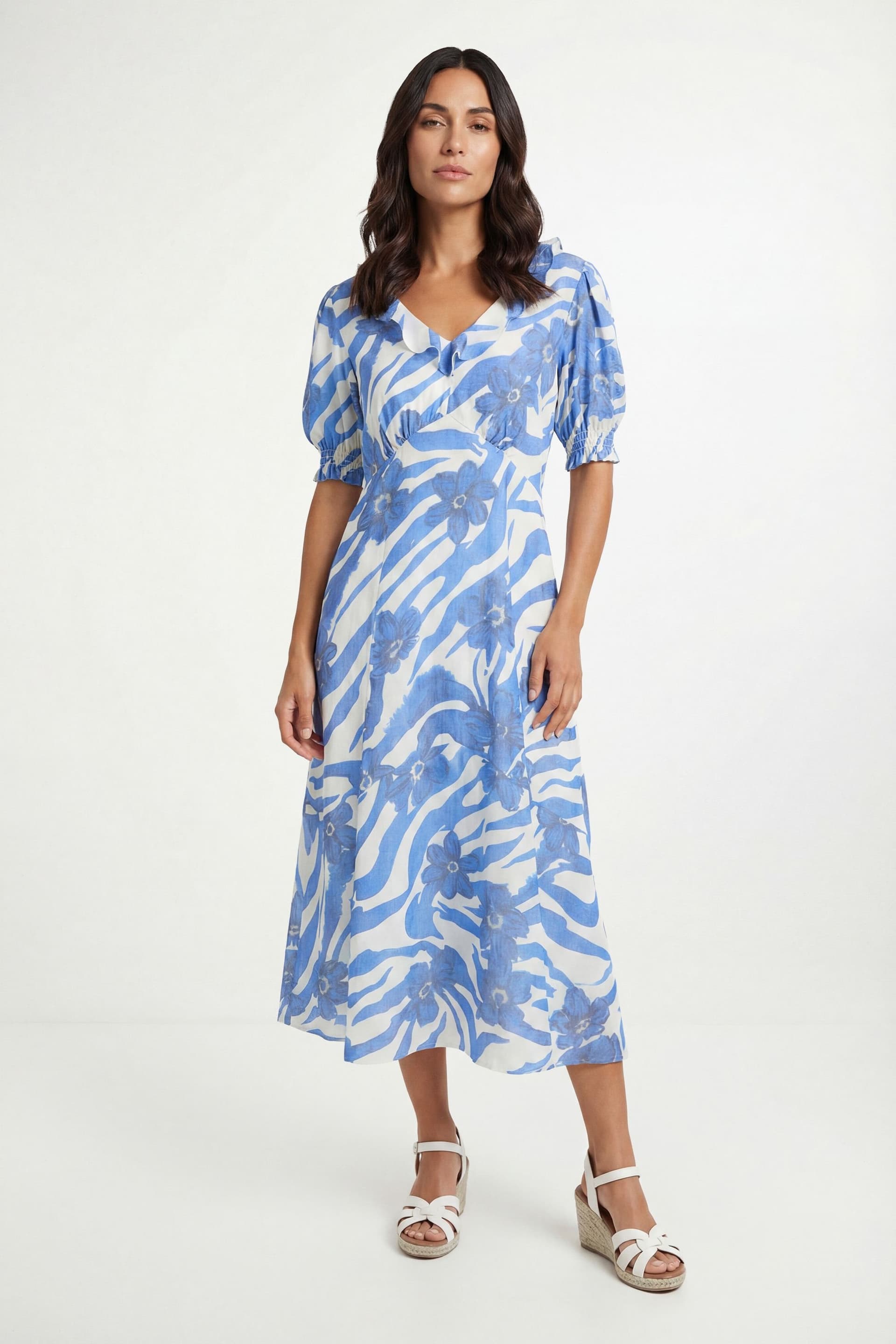 Wallis Wallis Women's Mixed Floral Ruffle Midi Dress in Blue