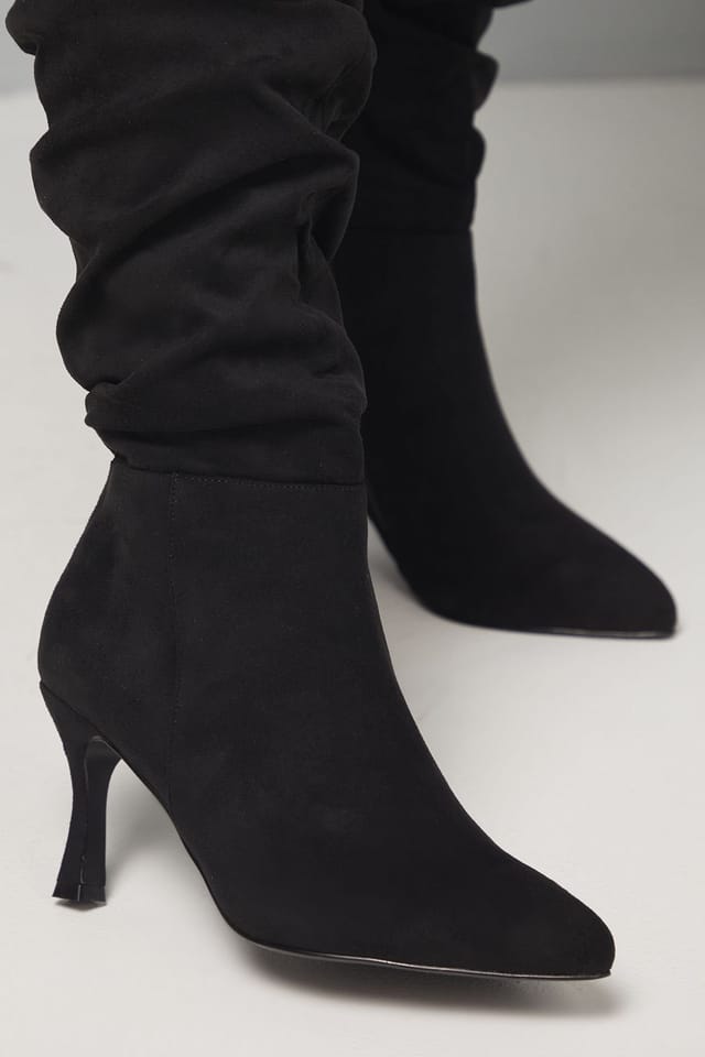 Wallis Wallis Women's Wide Fit Hibiscus Faux Suede Ruche High Stiletto Heel Knee Boots in Natural Black - 2