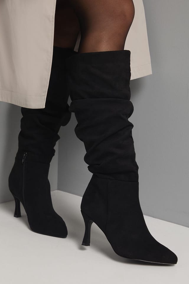 Wallis Wallis Women's Wide Fit Hibiscus Faux Suede Ruche High Stiletto Heel Knee Boots in Natural Black - 3